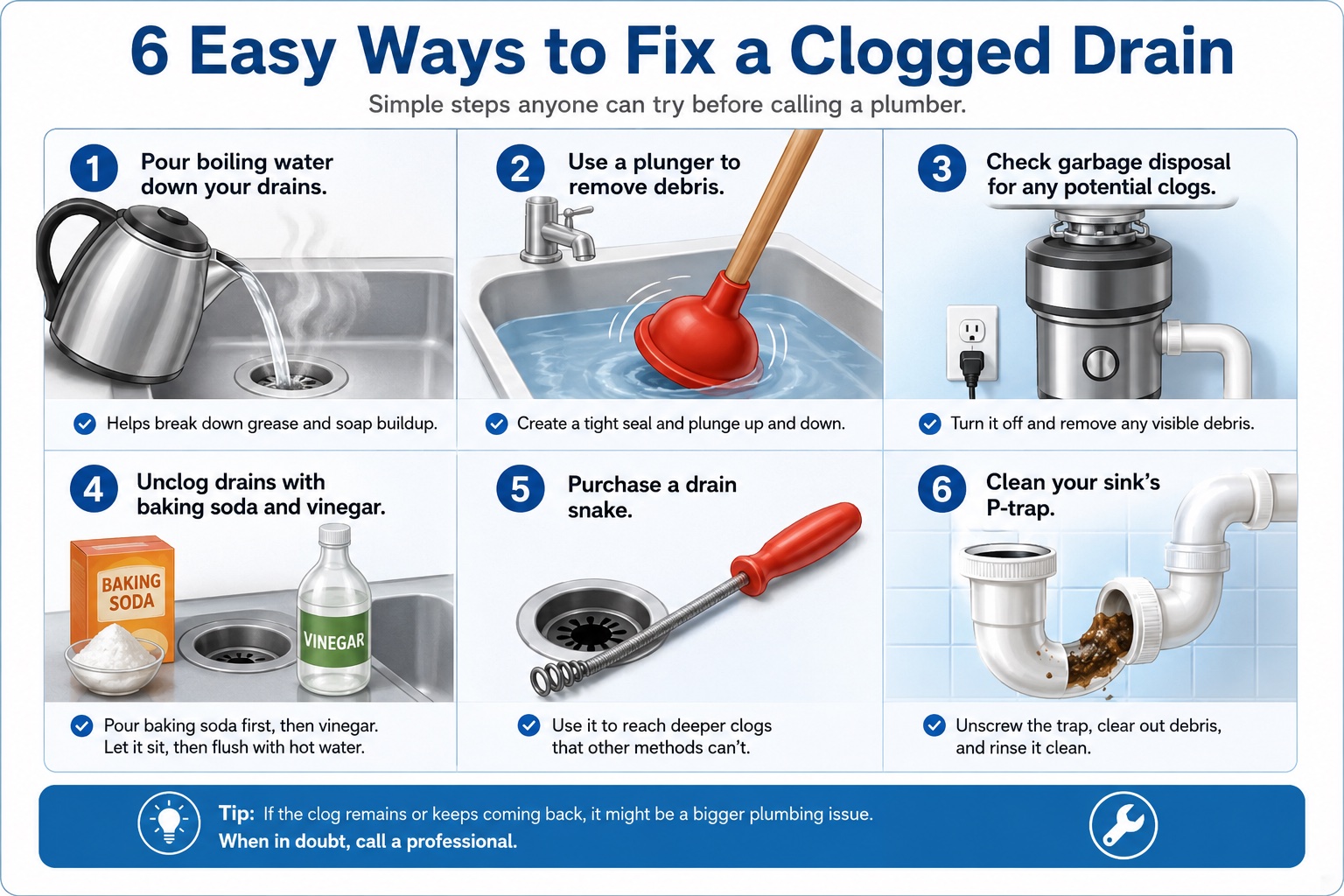 6 easy ways to fix a clogged drain infographic — boiling water, plunger, garbage disposal, baking soda and vinegar, drain snake, P-trap cleaning