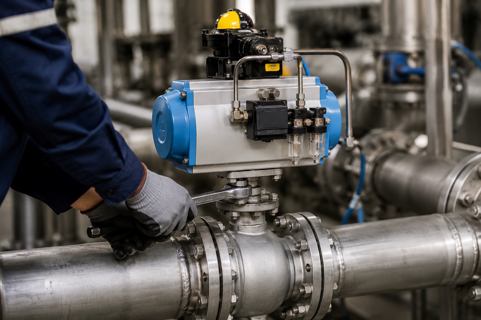 Technician operating an actuated industrial ball valve with wrench on stainless steel piping