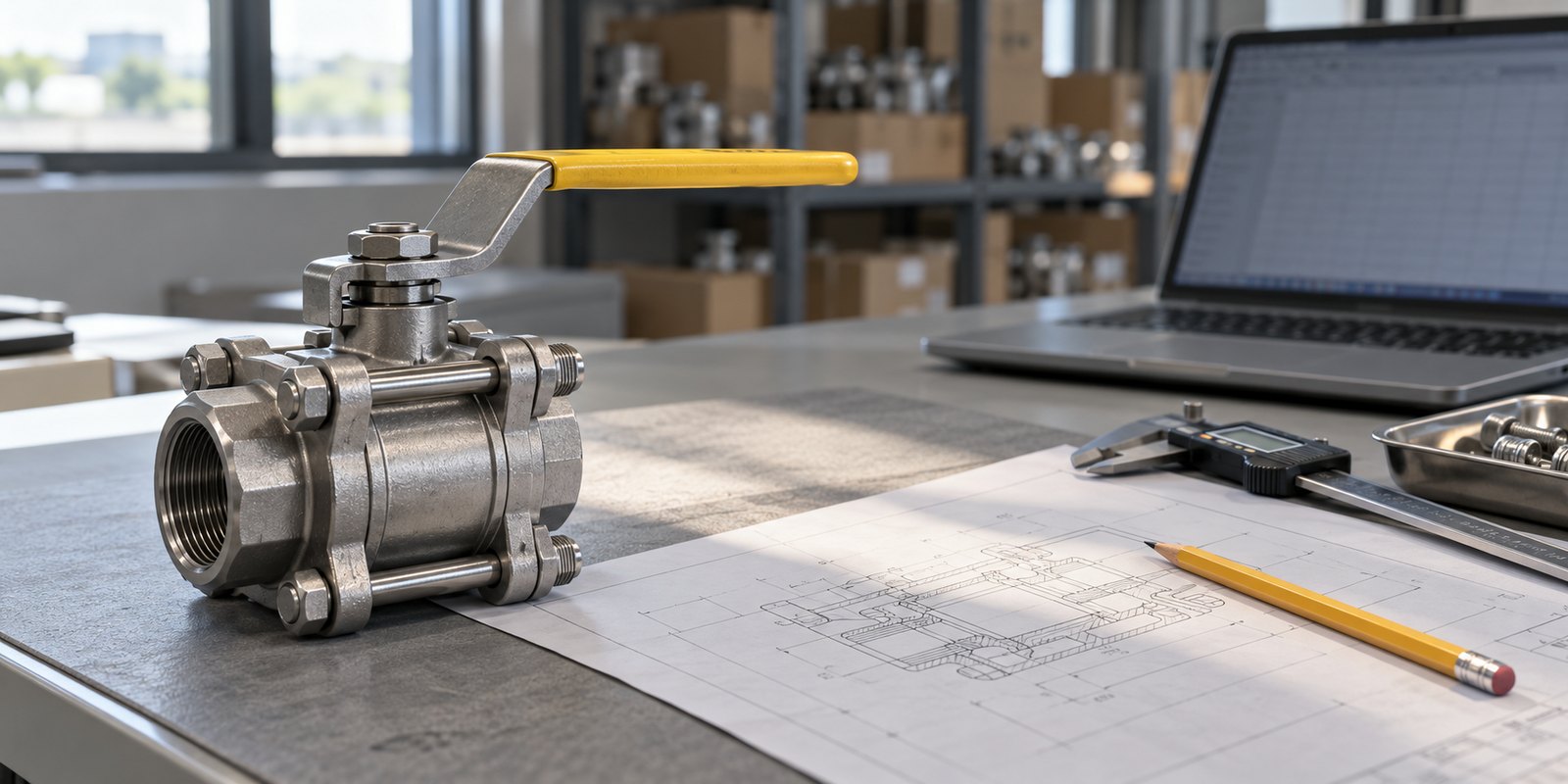 Dreiteiliger Edelstahl-Kugelhahn mit gelbem Hebel auf einer grauen Arbeitsfläche, daneben eine gedruckte technische Zeichnung mit Bleistift, ein digitaler Messschieber und eine Schale mit Schrauben, im Hintergrund ein Laptop und Regale mit verpackten Armaturen