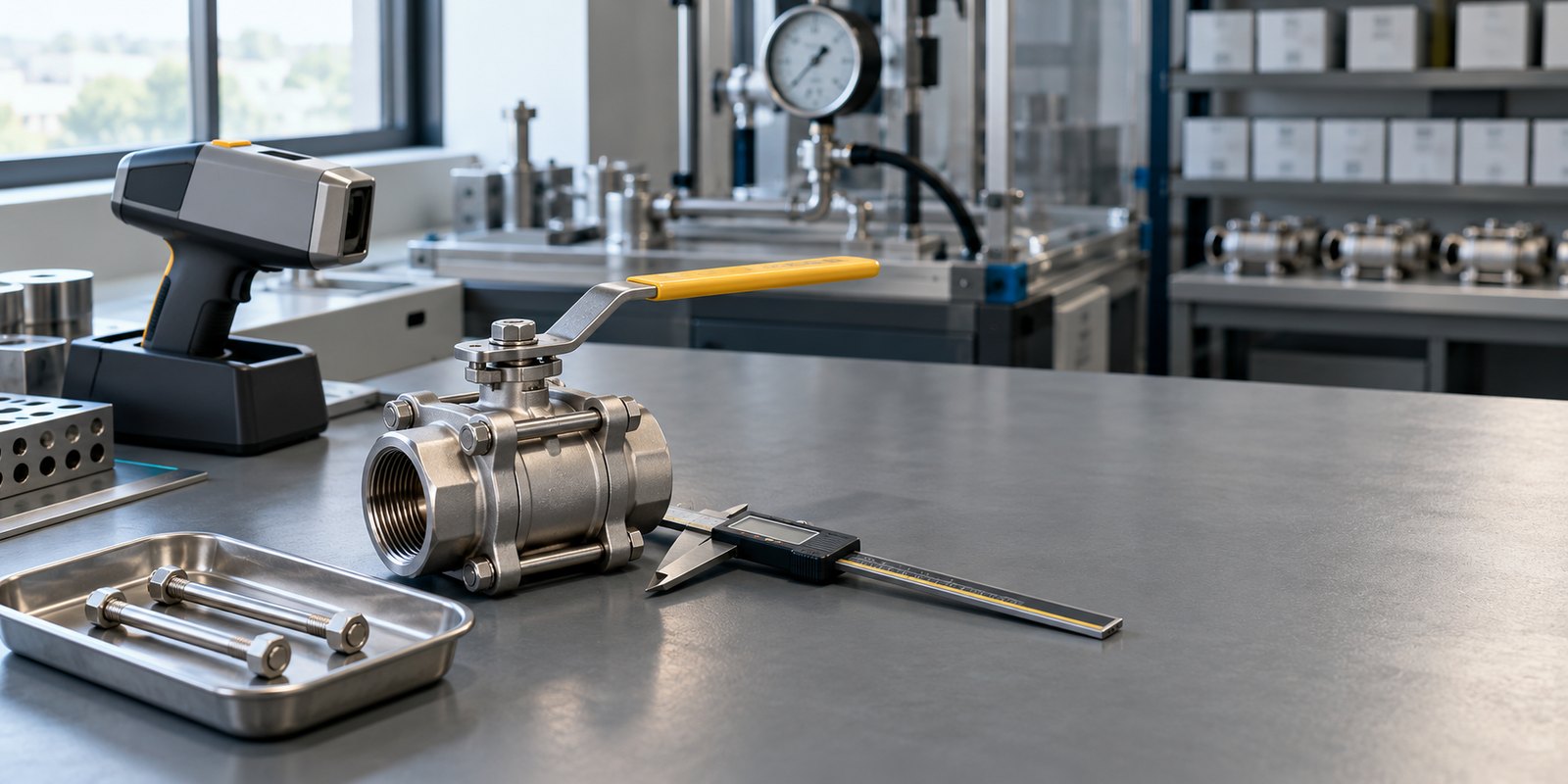 Stainless steel three-piece ball valve with a yellow lever on a grey inspection bench, beside a digital caliper, a tray of bolts and a handheld alloy analyzer in its dock, with a pressure test station and shelves of boxed valves in the background