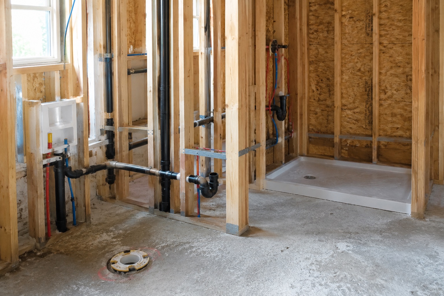 Bathroom plumbing layout showing drain waste vent DWV system with toilet sink and shower connections