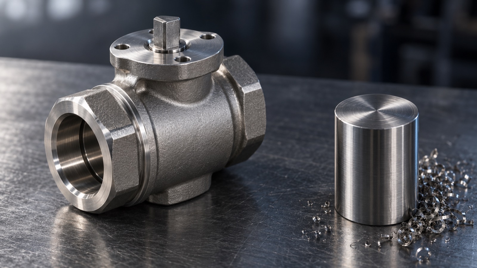 An unfinished investment-cast stainless steel ball valve body with a matte as-cast outer surface and bright machined flange face and bore, beside a mirror-turned stainless bar offcut and a scatter of turnings on a dark steel bench