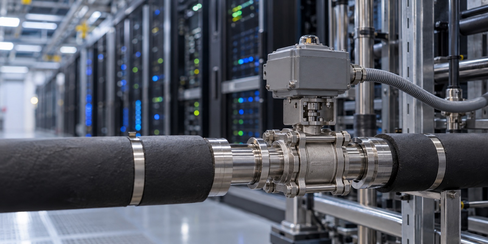 A stainless steel three-piece ball valve with an electric actuator on an insulated coolant line in a data center, with rows of server cabinets out of focus behind