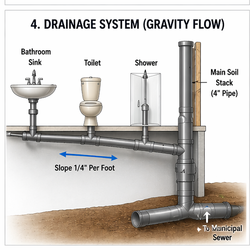 Drainage system gravity flow with drain waste vent pipes