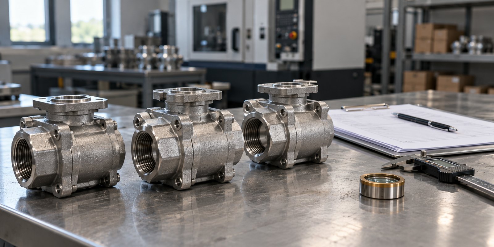 Three cast stainless steel ball valve bodies in a row on a brushed steel inspection bench, with a clipboard of blank sheets, a pen, a digital caliper and a magnifying loupe beside them, and a CNC machine in the background