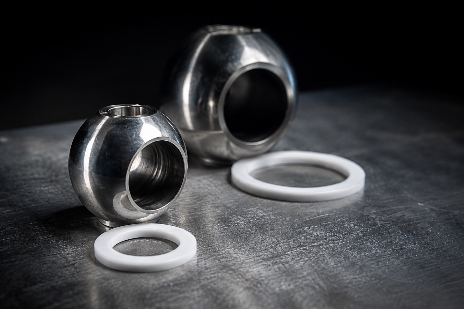 Two mirror-polished stainless steel valve balls of different sizes on a machined steel bench, each beside its white PTFE seat ring