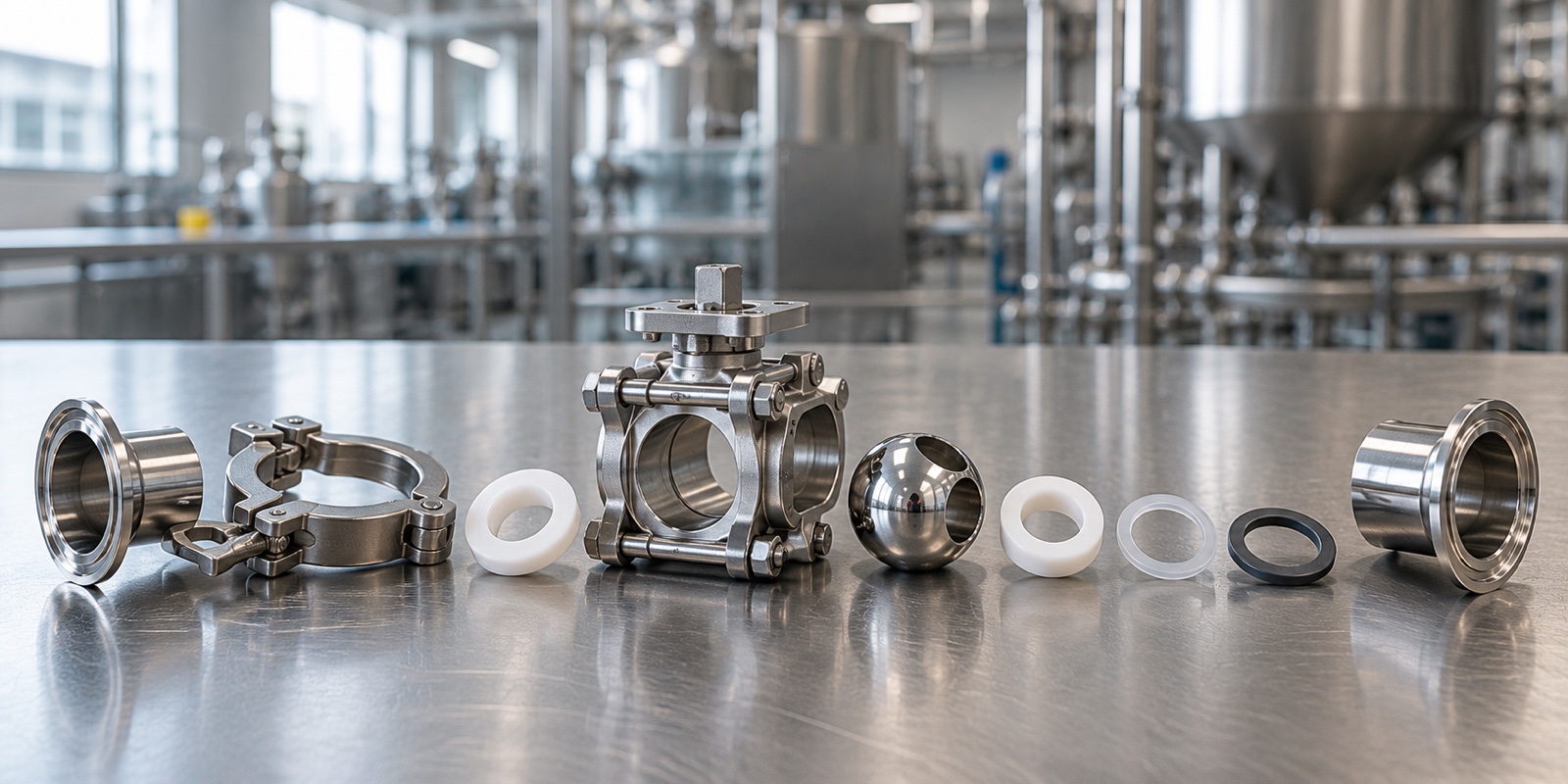 Disassembled three-piece stainless steel sanitary ball valve on a stainless steel workbench in a food processing plant: two Tri-Clamp ferrule ends, a hinged clamp, the body, a slotted ball, two white PTFE seat rings and two gasket rings