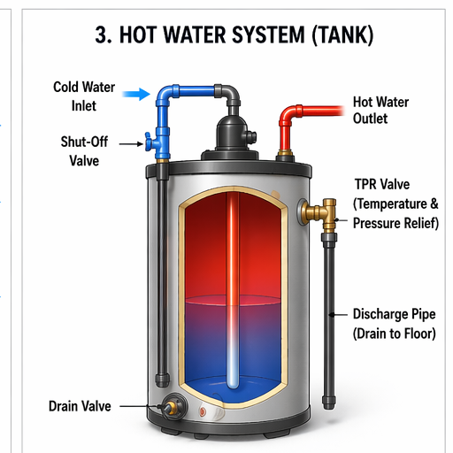 Hot water system with mixing valve and water heater connections