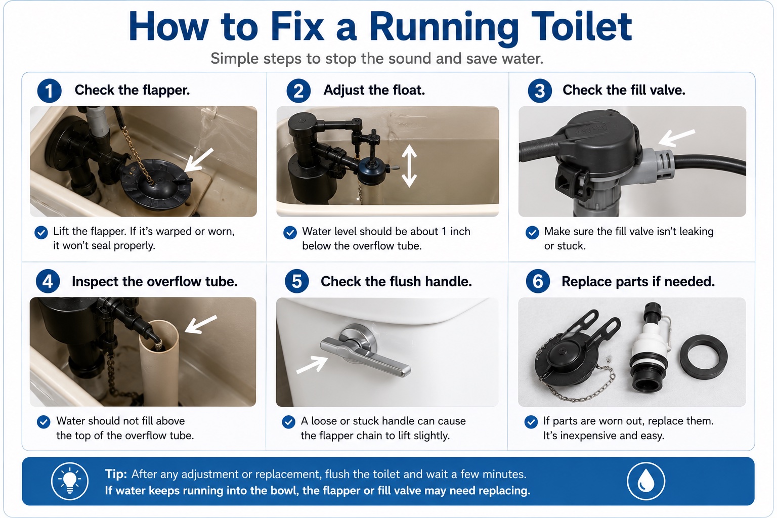 How to fix a running toilet infographic — check flapper, adjust float, inspect fill valve, overflow tube, flush handle, replace parts