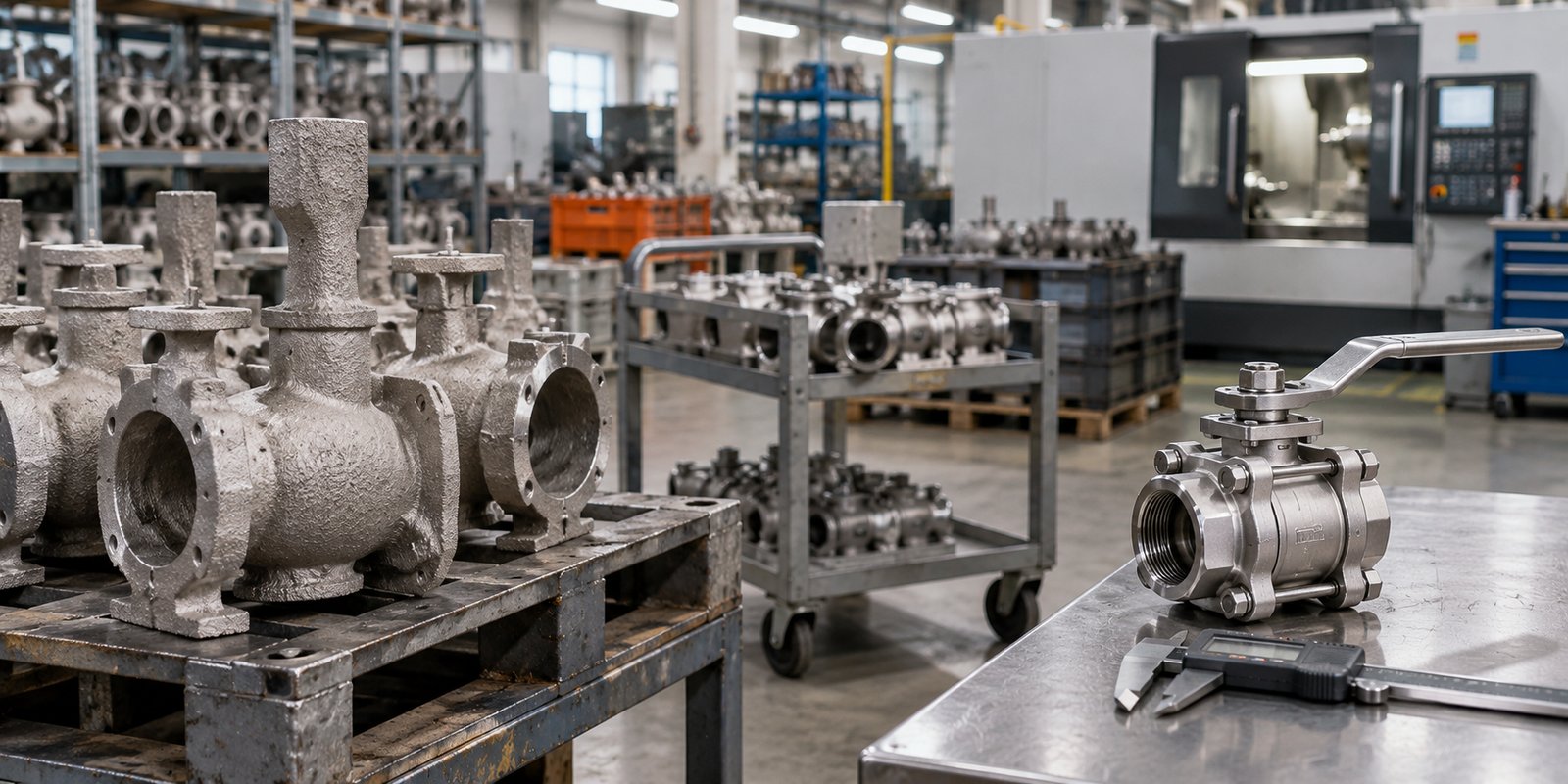 Im Vordergrund raue graue Armaturengehäuse-Gussteile auf einer Stahlpalette, dahinter ein Wagen mit bearbeiteten Gehäusen, im Hintergrund eine CNC-Maschine, rechts auf einem Stahltisch ein fertiger dreiteiliger Edelstahl-Kugelhahn mit digitalem Messschieber