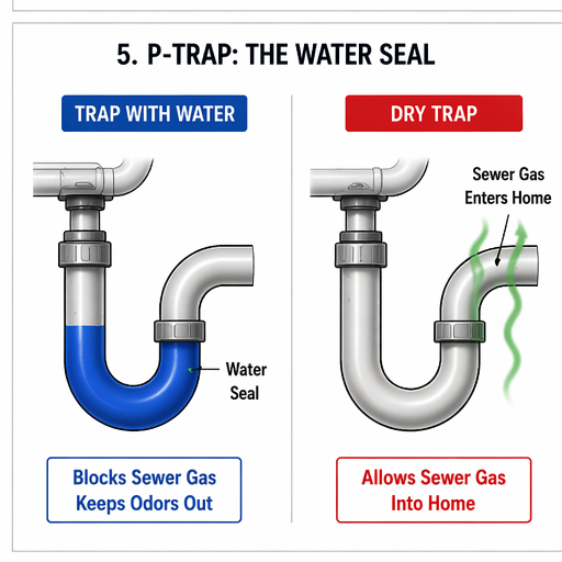 P-trap water seal comparison — working trap blocks sewer gas vs dry trap allows gas into home