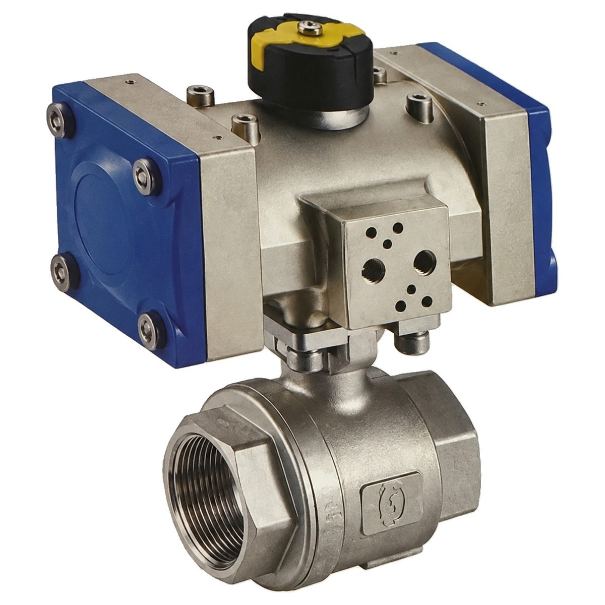 2-piece SS316 direct mount ball valve with ISO 5211 pad and pneumatic actuator, by LINS Valve