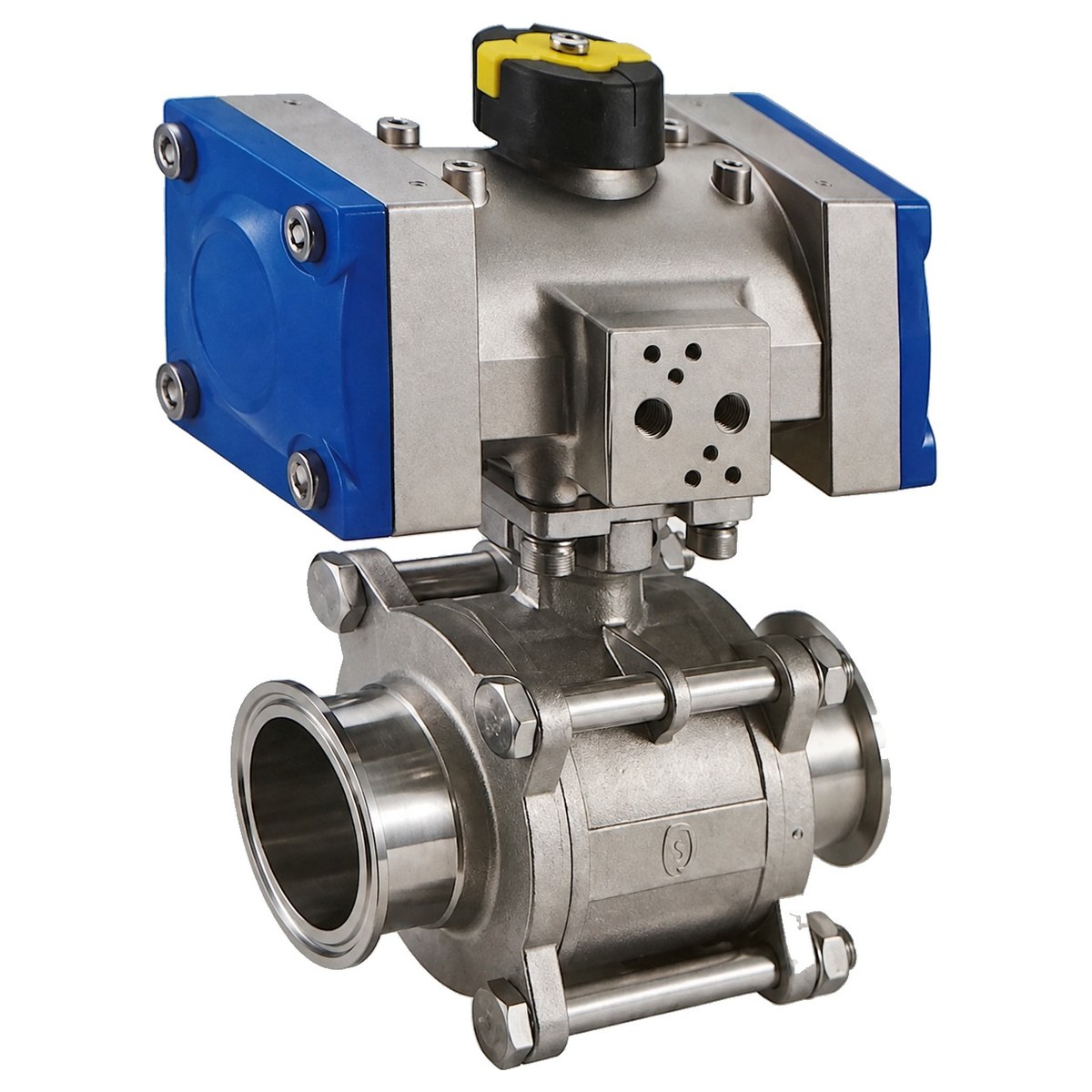 Three-piece SS316 direct mount clamp ball valve with ISO 5211 pad and pneumatic actuator, by LINS Valve