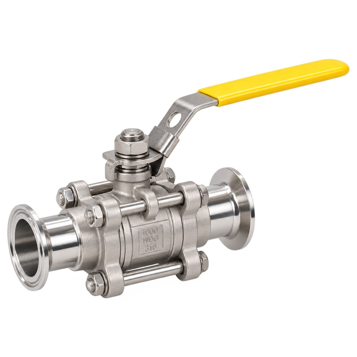 AISI 316 three-piece sanitary ball valve with Tri-Clamp or butt weld ends