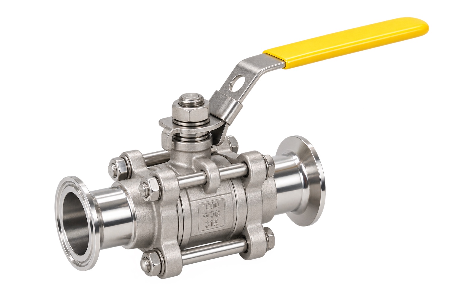AISI 316 three-piece sanitary ball valve with Tri-Clamp ferrule ends and a lever handle, also supplied with butt weld ends