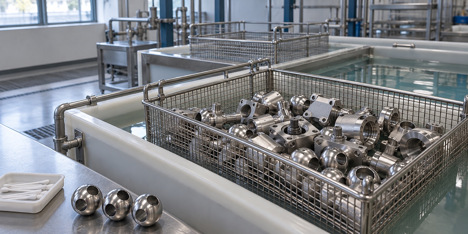 Wire-mesh basket of machined stainless steel ball valve bodies, end caps and balls beside process tanks of clear liquid in a finishing workshop, with three bare balls and a tray of cotton swabs on a stainless steel table