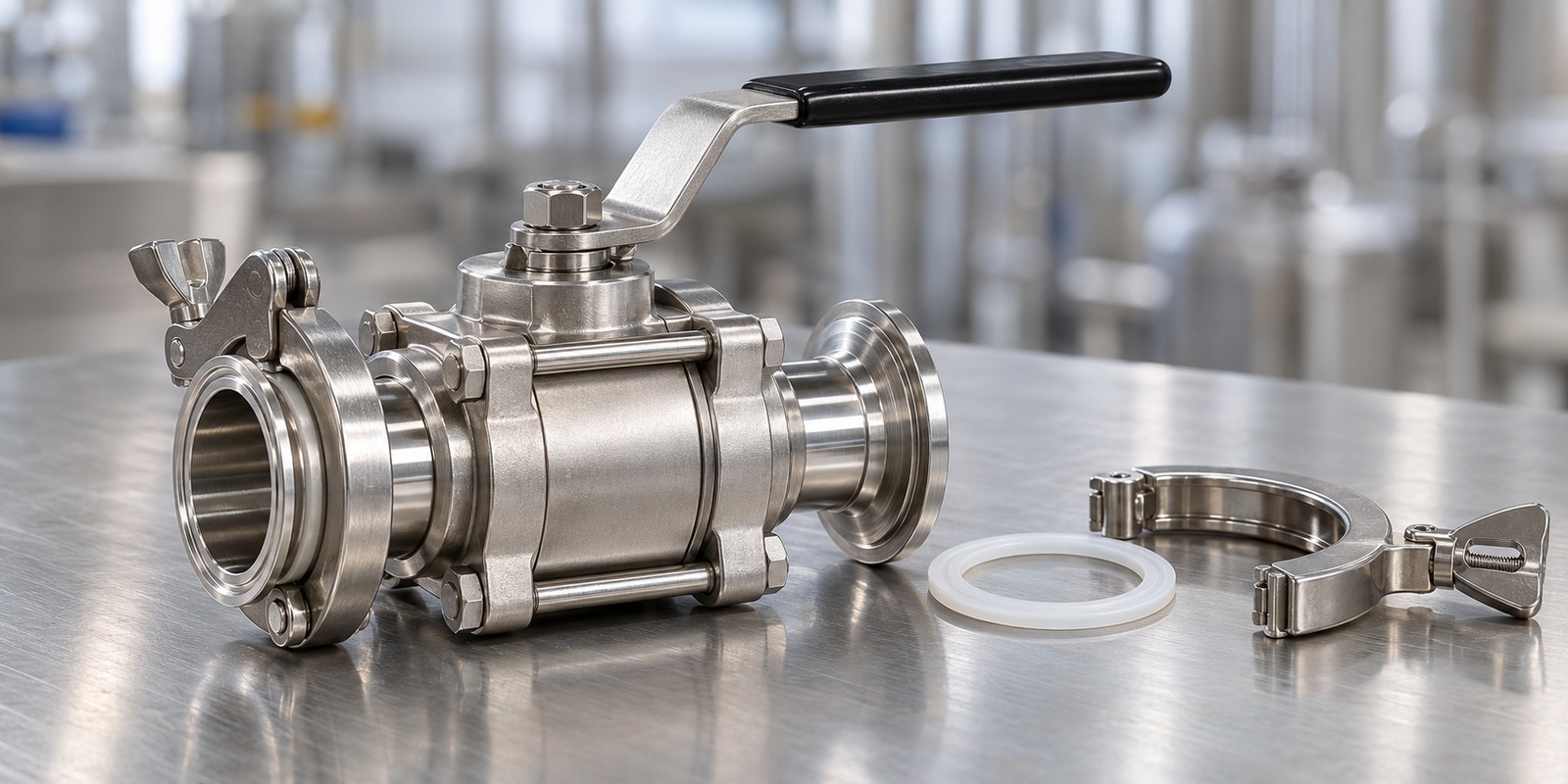 Dreiteiliger Edelstahl-Kugelhahn mit Tri-Clamp-Ferrule-Enden auf einer Edelstahl-Werkbank: eine Verbindung mit Schelle geschlossen, daneben eine lose weiße Dichtung und eine geöffnete Schelle