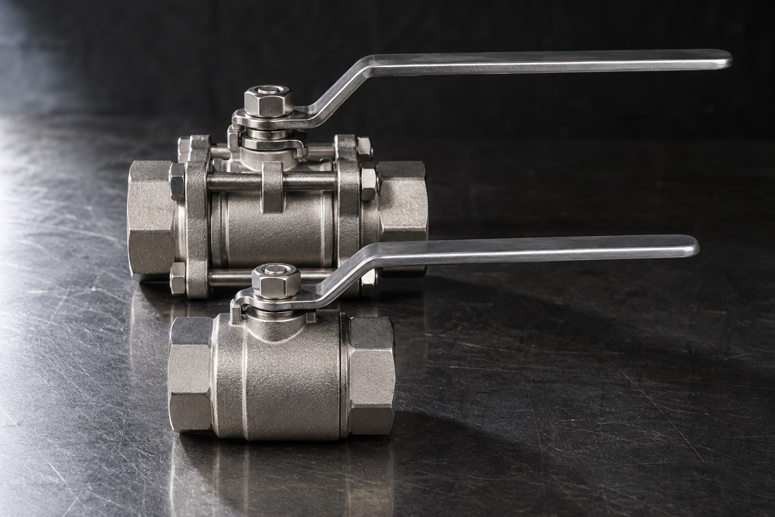 A three-piece threaded ball valve with through bolts beside a compact two-piece valve of the same nominal size, visibly shorter