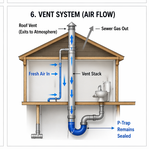 Plumbing vent system showing fresh air in and sewer gas out through roof vent