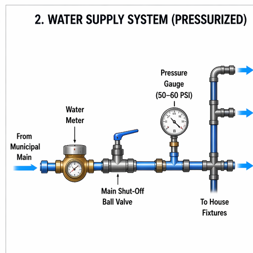 Water supply system pressure diagram showing main shut-off ball valve