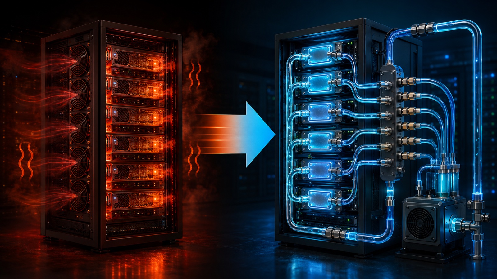 Air cooling vs liquid cooling in AI data centers - transition from traditional fan-cooled server rack to liquid-cooled rack with pipes and manifolds